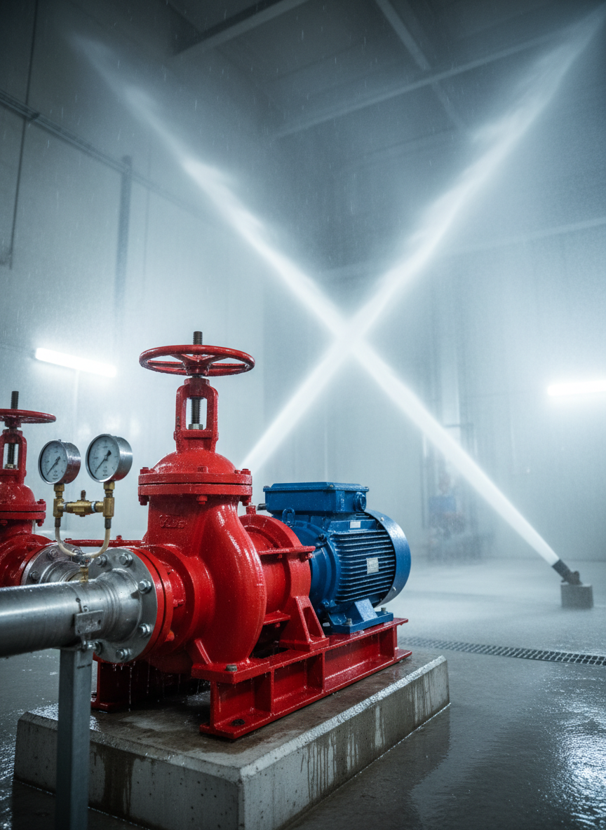 A dramatic, photographic scene of a fire pump system actively supplying water, with powerful streams emerging from a large industrial deluge nozzle in the background, slightly out of focus. In the foreground, a meticulously detailed red fire pump and blue motor assembly vibrates gently on its concrete base, with pressure gauges showing active readings and valves positioned for flow. The pump room is illuminated by cool white LED strips, with fine mist in the air catching the light and creating a subtle, energetic atmosphere. Shot from a low angle with medium depth of field, highlighting the operational readiness and strength of professional fire fighting water equipment in action.