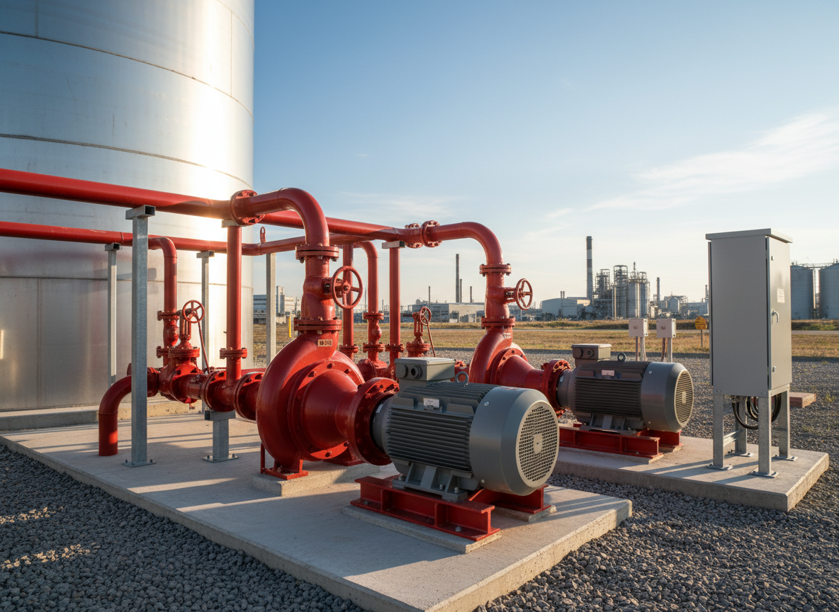 An outdoor industrial fire water pump installation beside a large water tank, showing heavy-duty horizontal split-case fire pumps, powerful electric motors, and a network of red-coated steel pipelines with isolation valves and check valves. The pumps are mounted on concrete foundations with anchor bolts, and a weatherproof control panel enclosure stands nearby on a metal pedestal. Soft late-afternoon sunlight casts warm highlights and long shadows across the equipment, with a clear sky and distant industrial structures subtly blurred in the background. Photographic realism, wide-angle composition, emphasizing the complete system context and robustness of the fire fighting water solution in a clean, engineered setting.