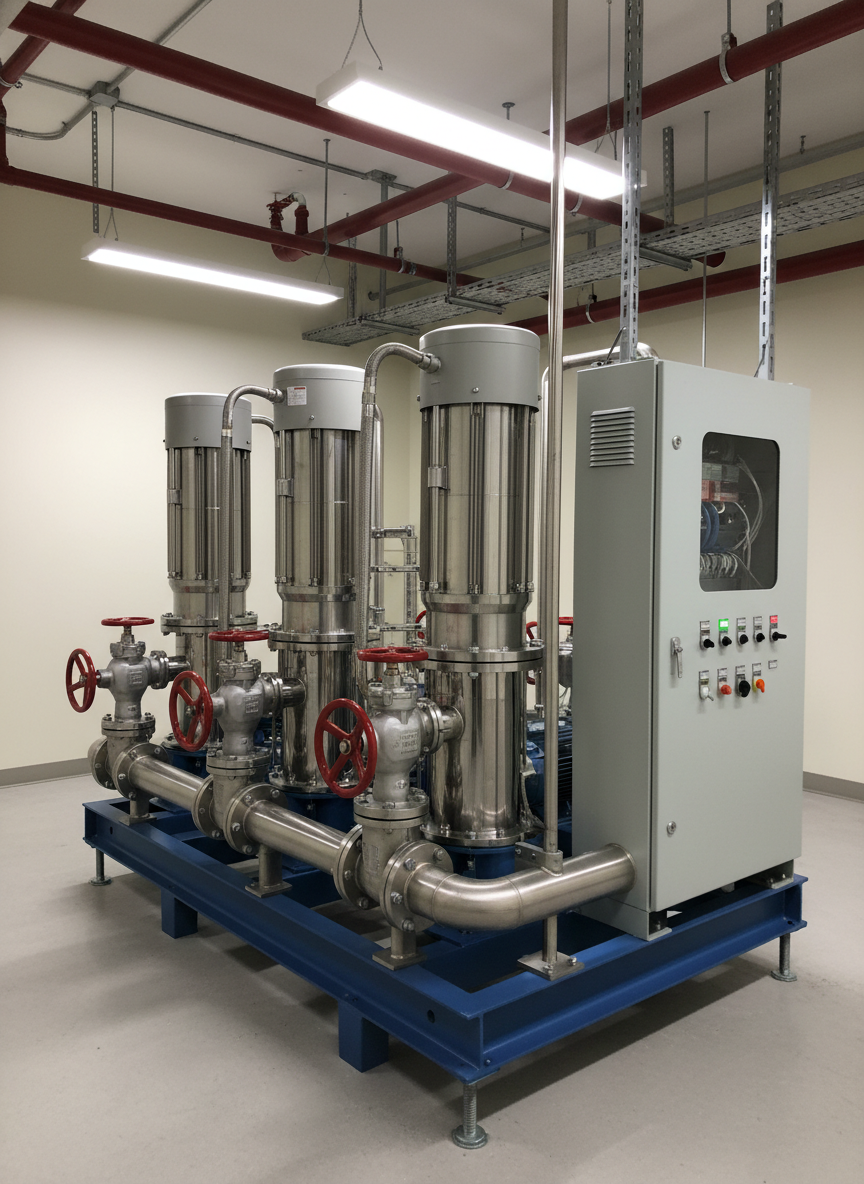 A high-capacity fire water booster skid, showing multiple vertical multistage stainless steel pumps connected in parallel with polished manifolds, isolation valves, and flexible connectors, all mounted on a heavy-duty painted steel base frame. Adjacent to the pumps is an advanced PLC-based control panel with status lights and selector switches, housed in a smooth grey metal cabinet. The skid is installed in a pristine mechanical room with light-colored walls and neatly routed overhead pipework. Bright, neutral industrial lighting provides even illumination and subtle reflections on stainless steel surfaces. Photographic realism, captured from a three-quarter elevated angle, with sharp focus to highlight the integrated nature of pumps, valves, and controls for professional water solutions.