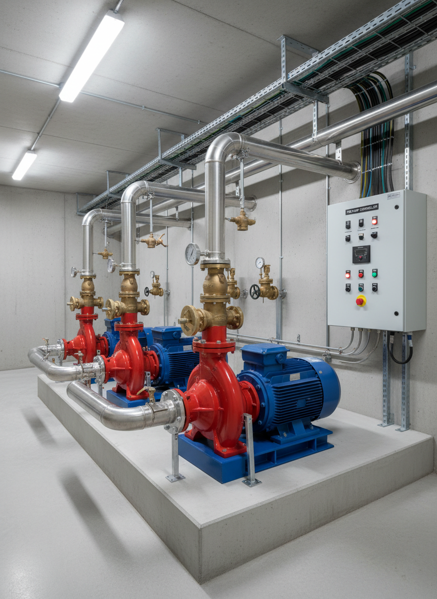 A row of high-capacity red fire pumps and glossy blue motors mounted on a clean concrete plinth in a modern fire pump room. Stainless steel suction and discharge pipes, pressure gauges, and brass valves run neatly along the walls into an organized manifold system. A large grey control panel with indicator lights and switches is installed on the side wall, with clearly labeled cable trays running overhead. Cool, even industrial LED lighting creates crisp highlights on metal surfaces and soft shadows on the floor. Photographic realism, shot at eye level with a wide-angle lens, sharp focus throughout, conveying reliability, order, and professional engineering suitable for a corporate website hero image.