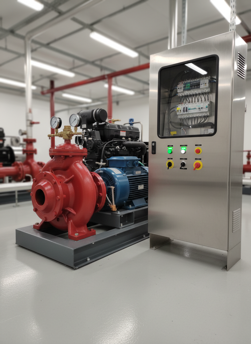 A close-up, photographic view of a diesel engine-driven fire pump set, showing the deep red pump casing, rugged cast-iron volute, heavy-duty blue motor, and the textured black engine block with metallic fittings. Adjacent to the unit is a neatly wired fire pump control panel with glowing status indicators, selector switches, and stainless steel enclosure. The equipment is installed on a vibration-isolated skid over a spotless epoxy-coated floor. Cool white overhead lighting creates crisp reflections on painted metal and machined surfaces, with a slightly blurred background of additional piping and valves. Shot from a low, three-quarter angle to emphasize power and precision, with a clean, modern, professional atmosphere.