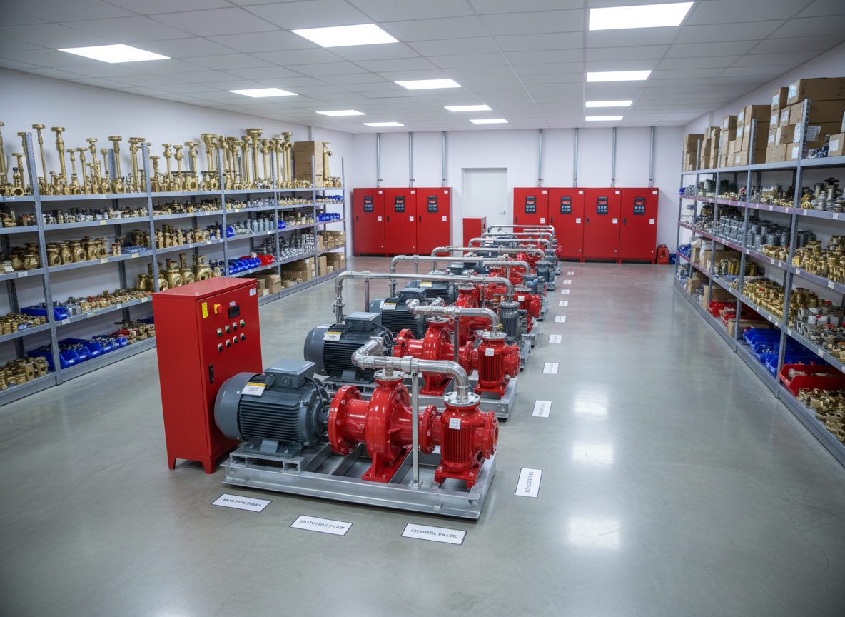 A spacious, well-organized fire fighting equipment showroom featuring neatly arranged fire pumps, vertical multistage jockey pumps, electric motors, red control panels, and an assortment of valves and fittings displayed on sturdy metal racks. The foreground highlights a prominently displayed skid-mounted fire pump set with clean pipework and labeled components, while the background shows shelves of smaller accessories and brass fittings. Bright, diffused ceiling lighting creates an evenly lit, welcoming commercial environment with subtle reflections on polished floors. Photographic realism, captured from a slightly elevated angle with clear depth and sharp detail, conveying professionalism, variety of products, and a trustworthy technical supplier brand.