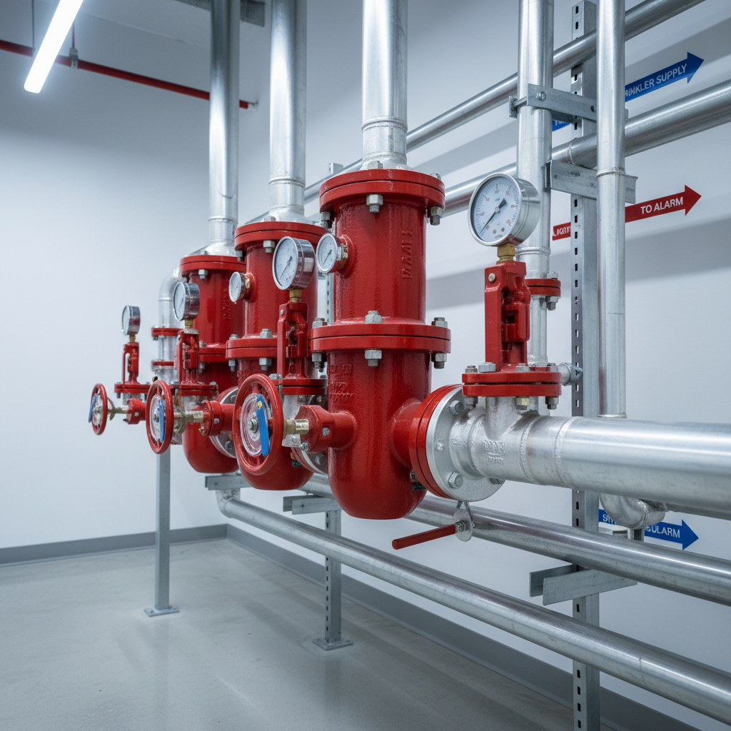 A detailed, photographic close-up of a clean, modern fire sprinkler valve station, featuring red alarm valves, pressure gauges, flow switches, and butterfly valves connected by precisely aligned galvanized pipes. The assembly is mounted on a white painted wall with neatly labeled pipe routes and supports, above a polished concrete floor. Cool, diffuse LED lighting from overhead illuminates every component clearly, creating soft shadows and gentle metallic reflections. Captured at eye level with a slightly shallow depth of field so the foreground valves and gauges are in sharp focus while downstream piping softly blurs, conveying technical accuracy, reliability, and the fine details of professional fire fighting water control equipment.